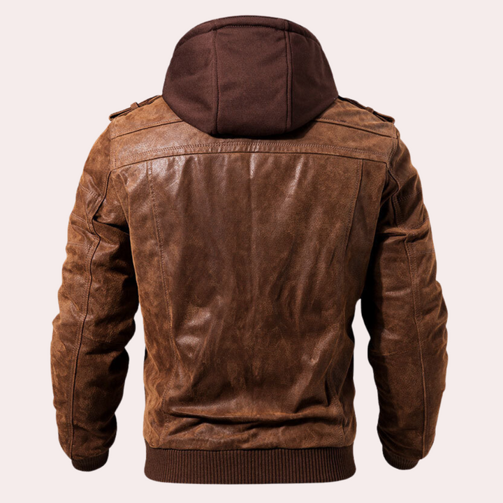 Distressed men's hooded leather jacket in rugged brown. Versatile outerwear for fall fashion & winter wear.