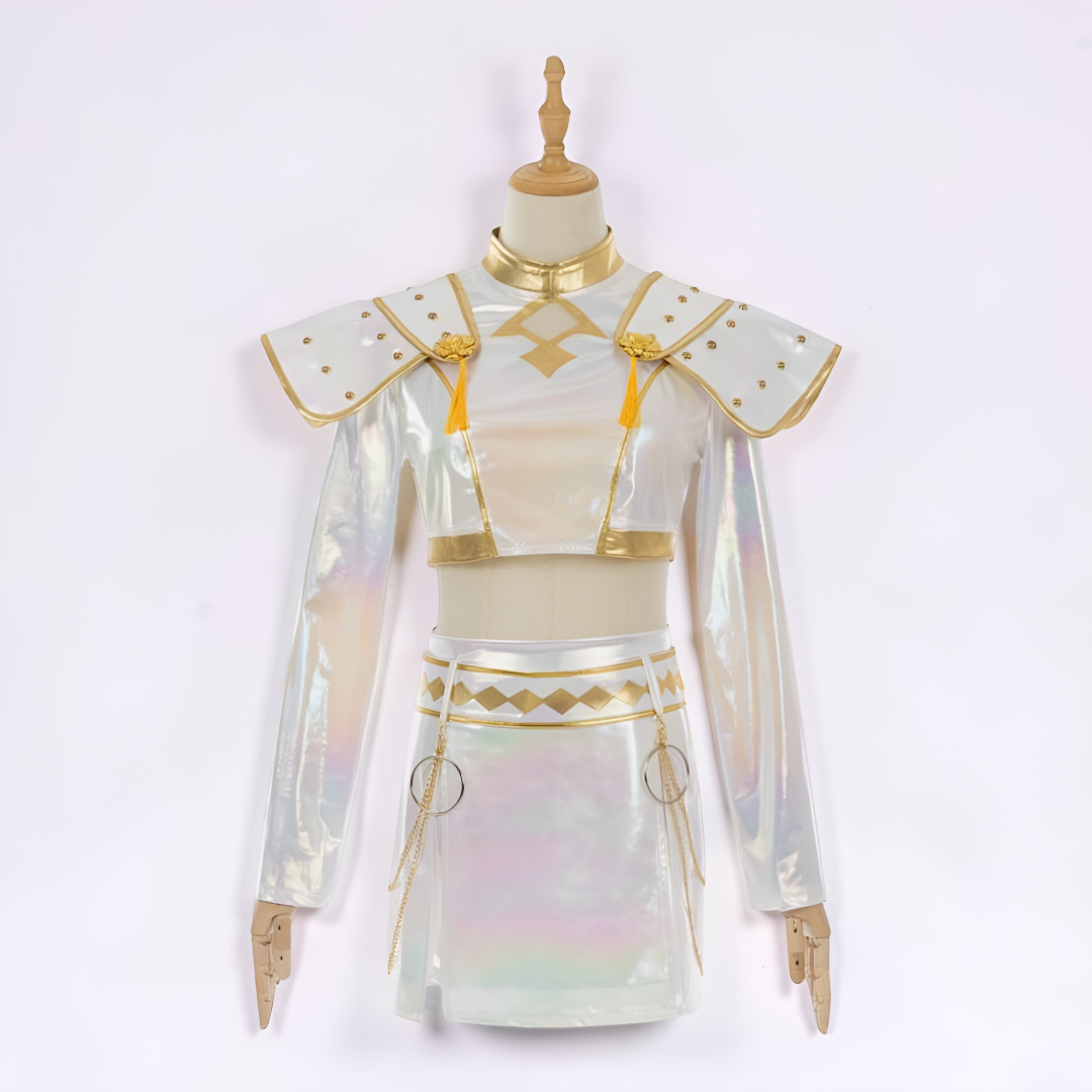Close-up of a Kpop Idol stage outfit. Detail of trendy fabric & design for Halloween cosplay.