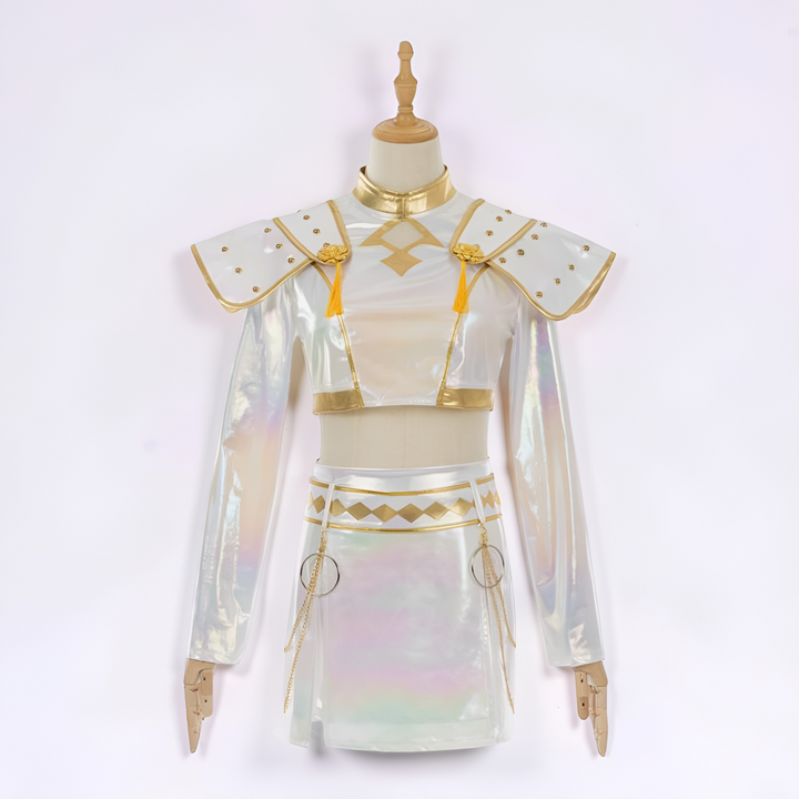 Close-up of a Kpop Idol stage outfit. Detail of trendy fabric & design for Halloween cosplay.