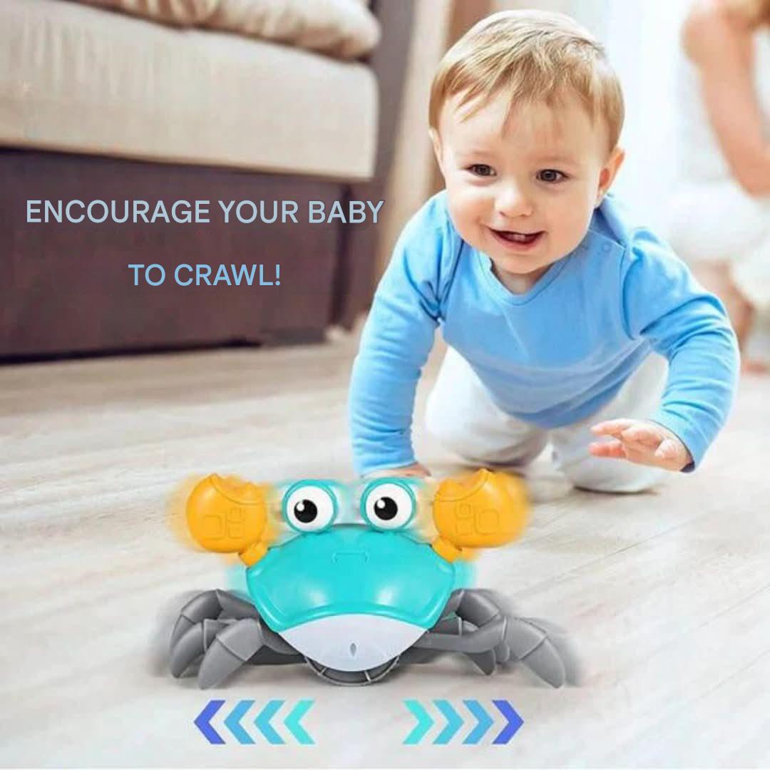 Close-up of a vibrant musical crawling crab toy for babies, promoting early development & motor skills.