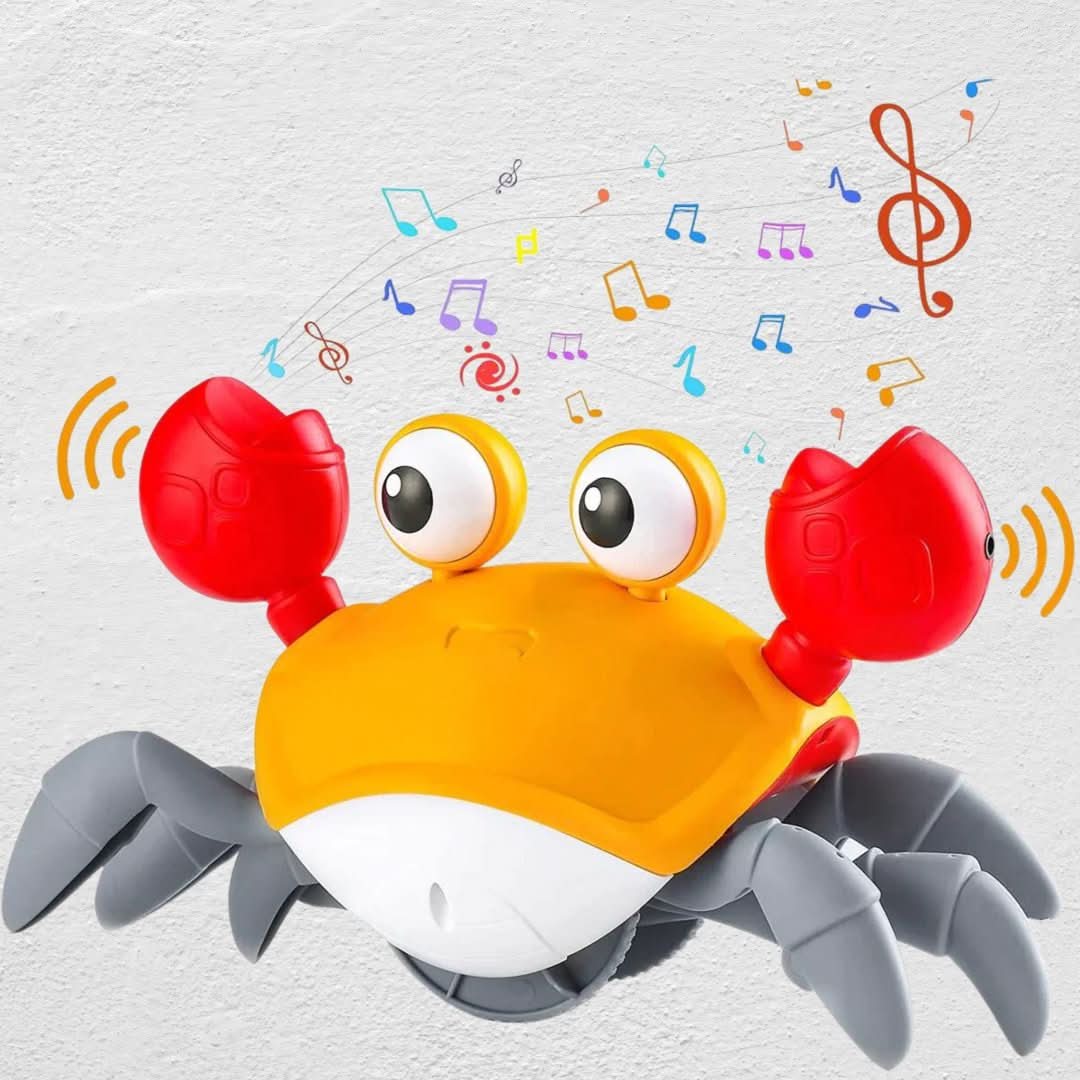 Baby playing with a musical crawling crab toy, enhancing motor skills, movement, and interactive fun.