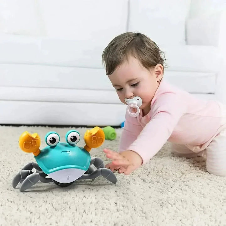 Interactive musical crawling crab toy for babies, stimulating motor skills & sensory play.