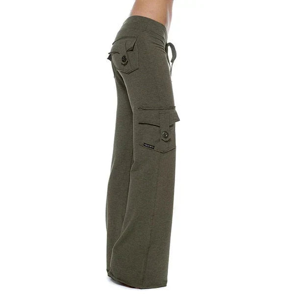 Comfortable stretch women's bootcut cargo pants with ample pockets for versatile wear.