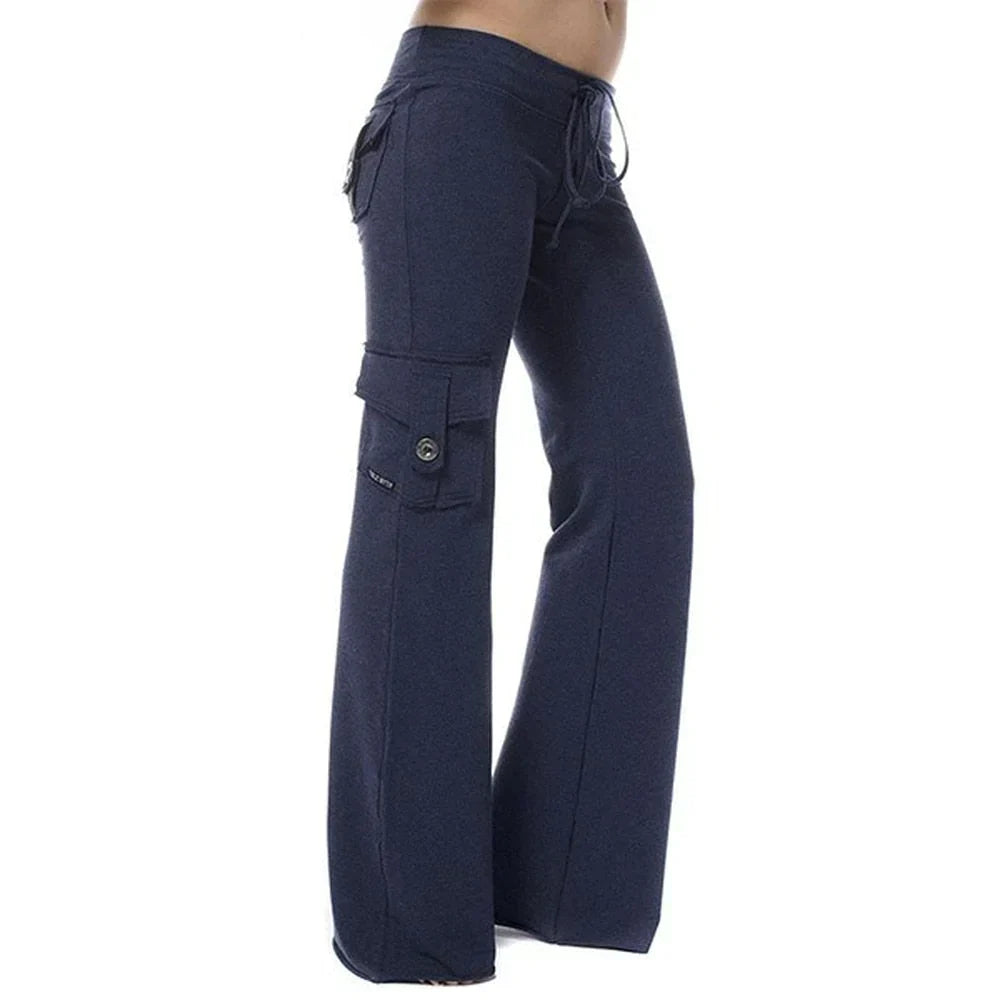 Front view of women's high-waist bootcut cargo pants, showcasing pockets and smooth fit.