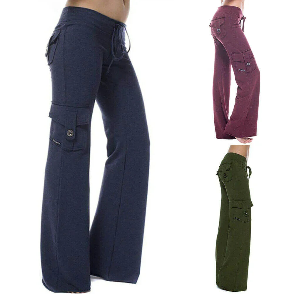 Close-up of durable stretch fabric on women's bootcut cargo pants, ensuring comfort & quality.