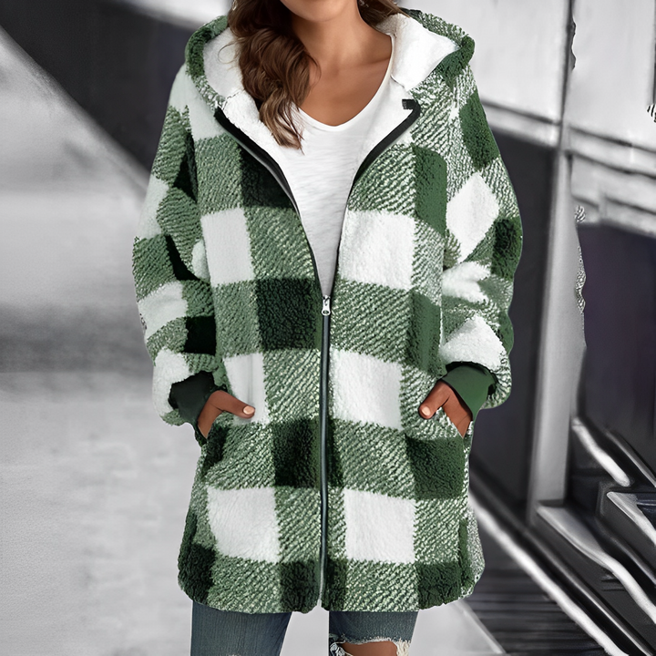 Cozy women's long sleeve hooded coat. Warm, versatile outerwear for chilly fall & winter days.