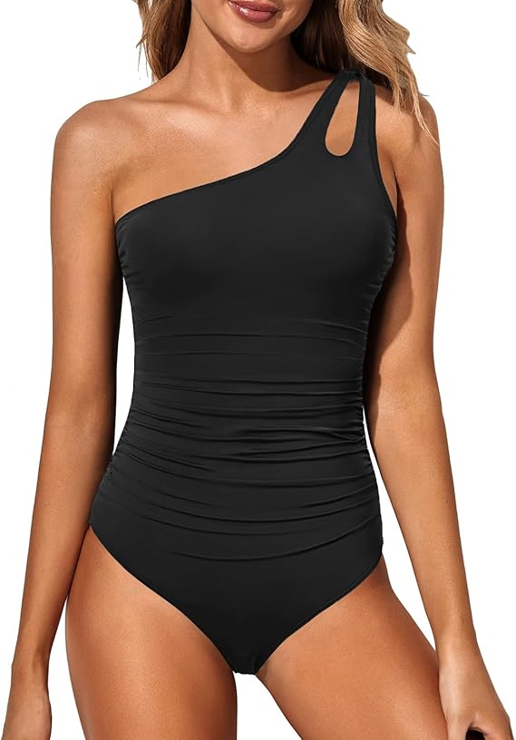 Padded bra one-shoulder one-piece swimsuit with tummy control for women's comfort.