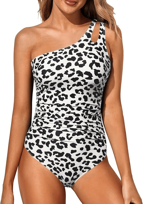 Leopard print one-shoulder one-piece swimsuit with tummy control design for women.
