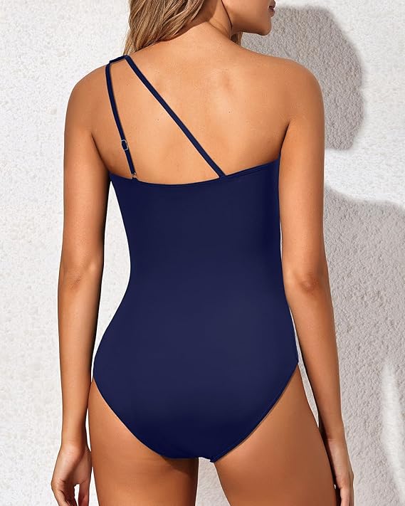 Elegant black one-shoulder swimsuit, tummy control, great for poolside and summer fashion.