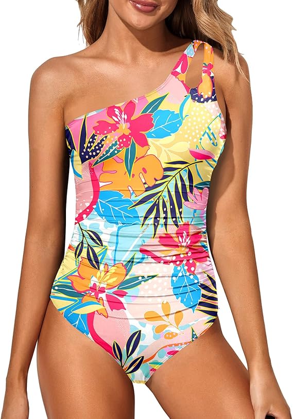 Chic leopard one-shoulder tummy control one-piece, perfect for summer beach holidays.