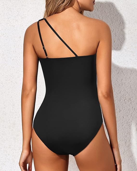 Stylish one-shoulder shaping swimwear, a one-piece with tummy control and padded bra.