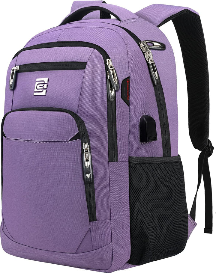 Close-up of the anti-theft zipper and USB charging port on the slim laptop backpack.