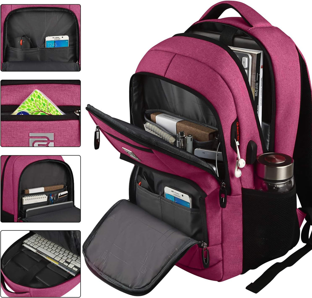 Anti-theft laptop bag from an aerial view, showcasing its slimness and USB charging port.