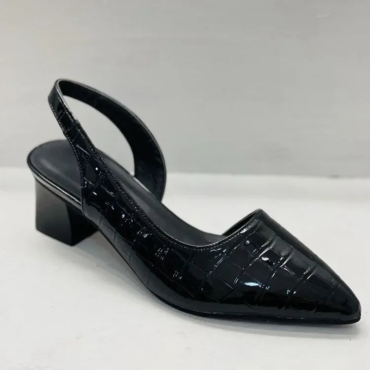 Black women's elegant croco texture pumps, orthopedic design for comfort. Ideal dress or work shoes.