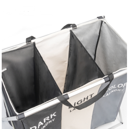 Space-saving 3-compartment collapsible laundry hamper for easy clothes sorting & home organization.
