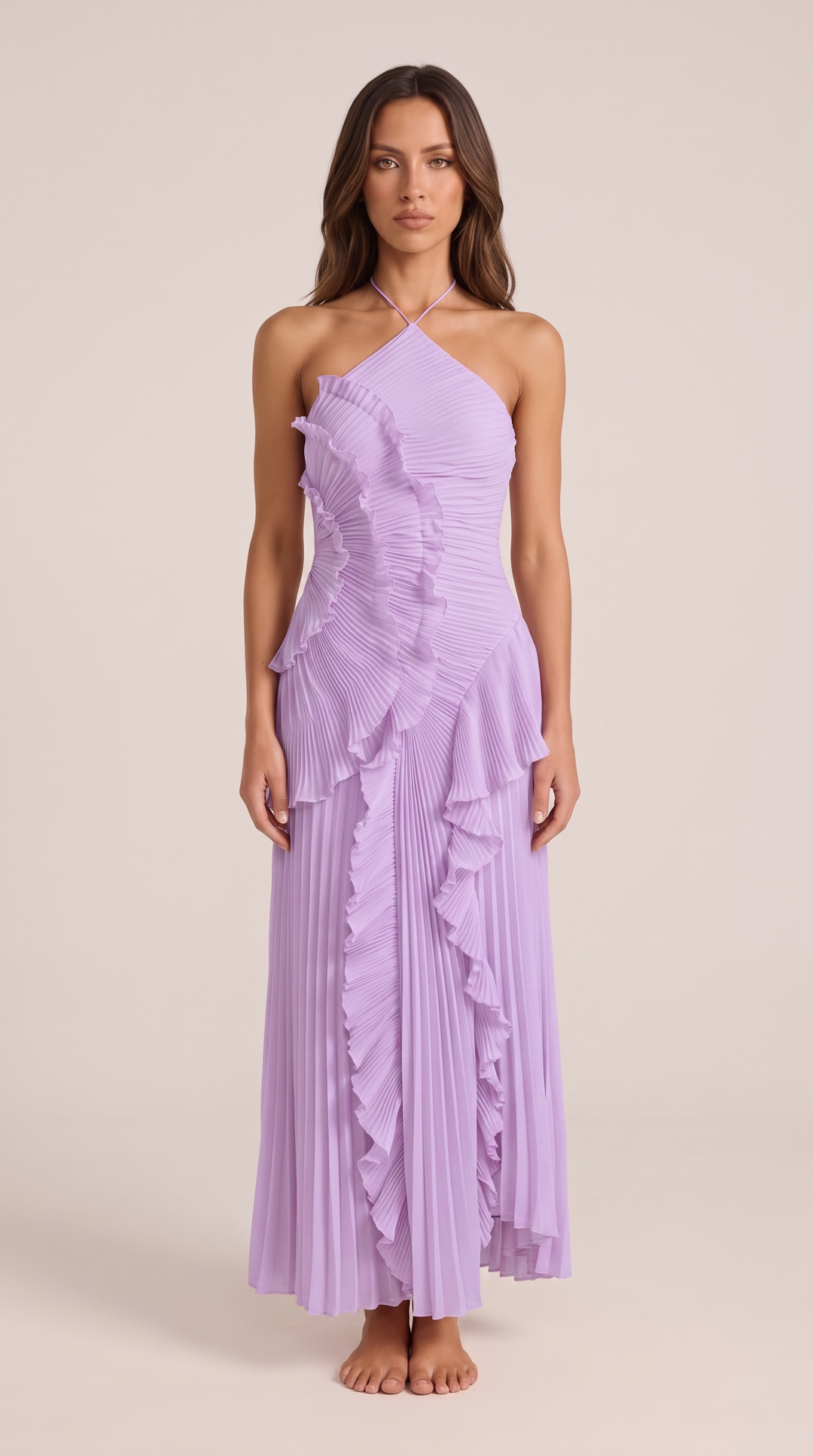 Flowy women's maxi dress with halterneck & asymmetric ruffle, ideal for vacation and special occasions.