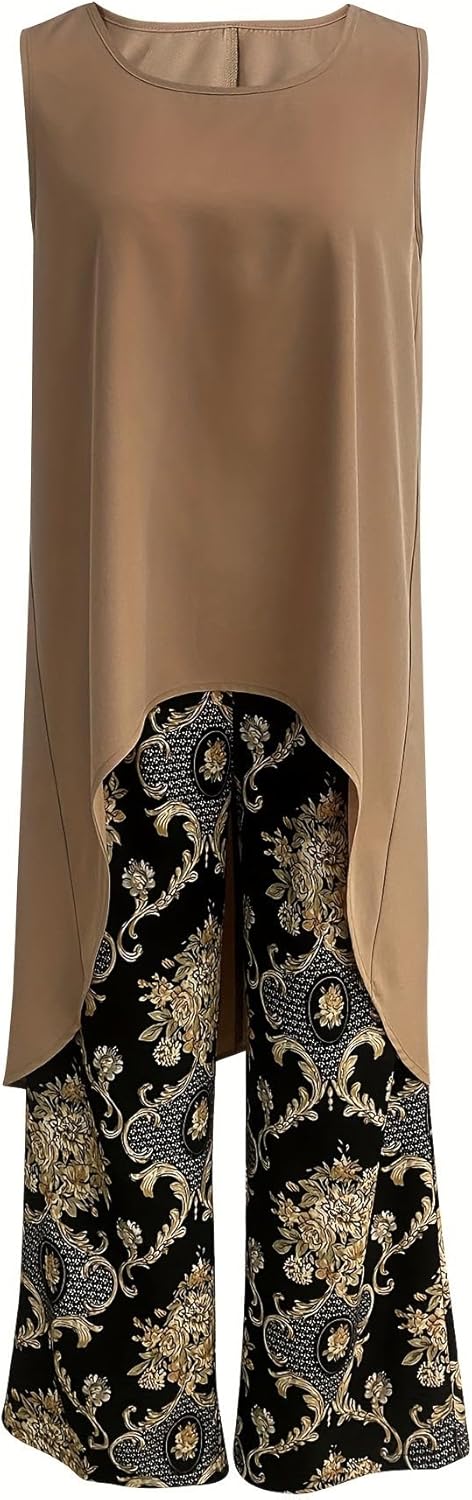 Stylish women's sleeveless tunic with flowy wide leg patterned pants. Comfortable spring attire or vacation outfit set.
