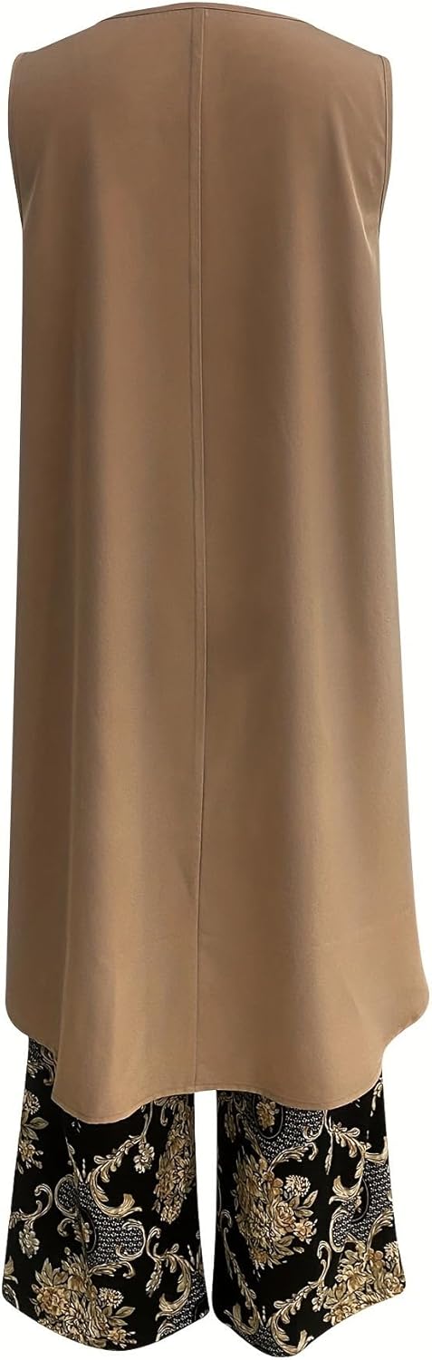 Comfortable women's two-piece set: a classic sleeveless tunic with chic wide leg patterned pants. Relaxed casual wear.