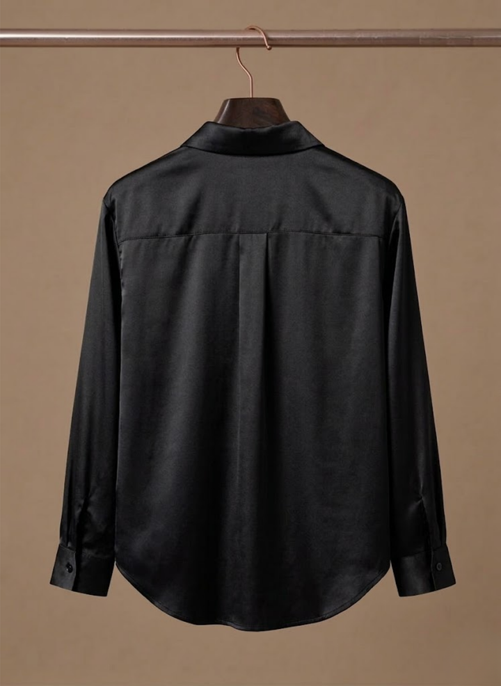 Professional women's satin-look button-up blouse. Elegant long sleeves, suitable for office & beyond.