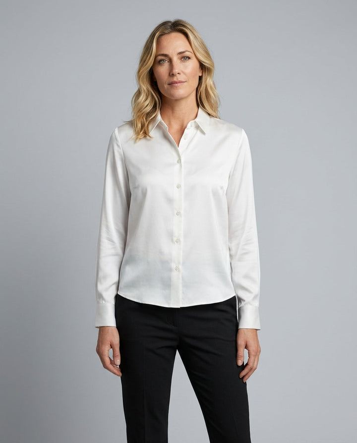 Elegant women's workwear blouse, collared and button-up with a silky satin-like finish. Sophisticated.
