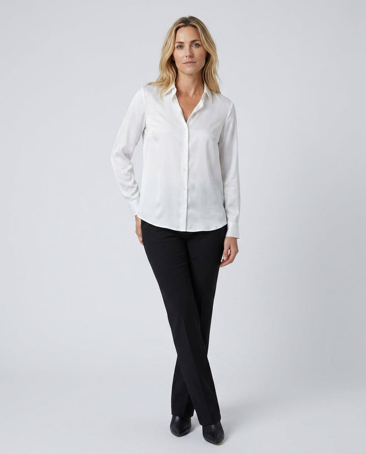 Professional women's collared blouse: elegant satin-look, button-up front, perfect for office style.