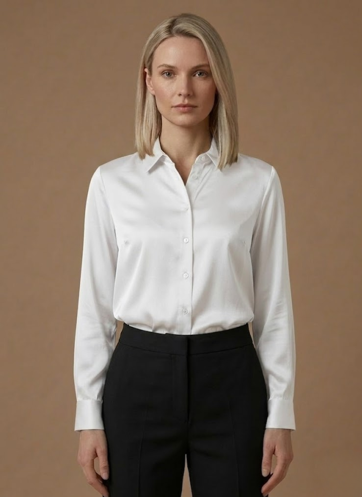 Sophisticated women's button-up top, satin-look material. Long-sleeve & elegant for work & events.