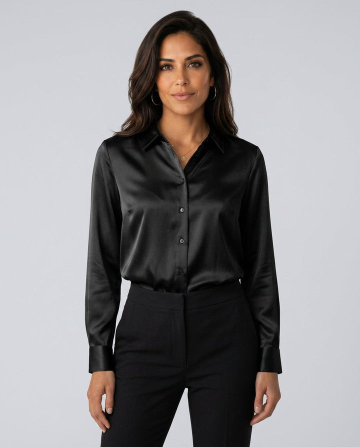 Professional women's top: elegant satin-look button-up blouse. Long sleeve & collared style.