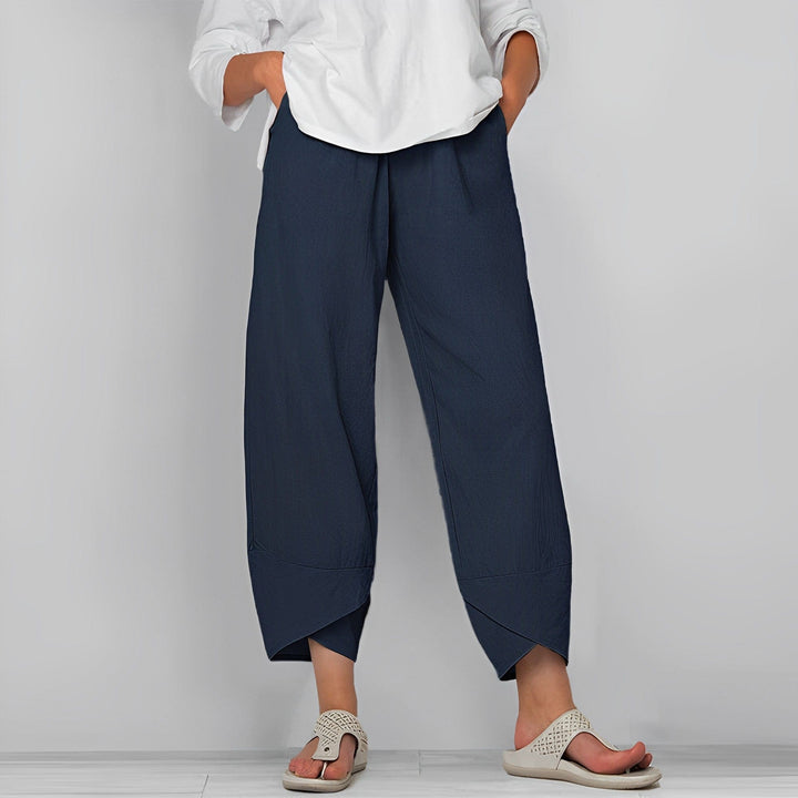 Comfortable navy blue women's relaxed wide leg cropped pants, essential for casual spring & summer outfits.