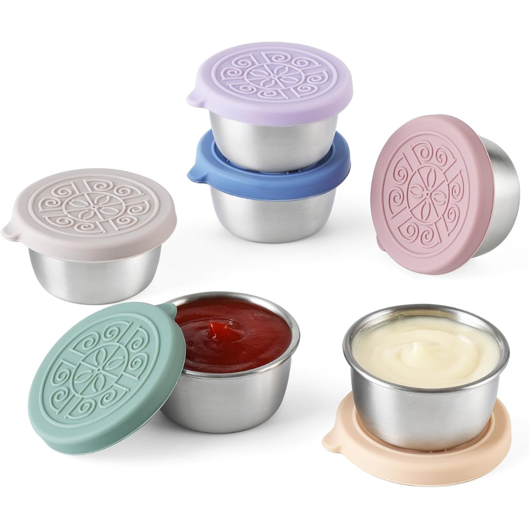 Reusable & durable stainless steel condiment containers, perfect for leak-proof lunchboxes & travel.