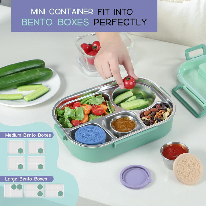Kitchen essential: 6 reusable stainless steel sauce cups for leak-proof food storage & portioning.