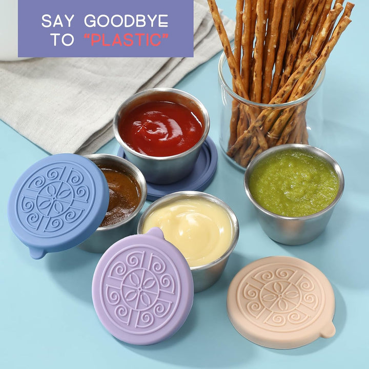Durable, leak-proof stainless steel sauce cups (set of 6) for lunchbox accessories & snack prep.