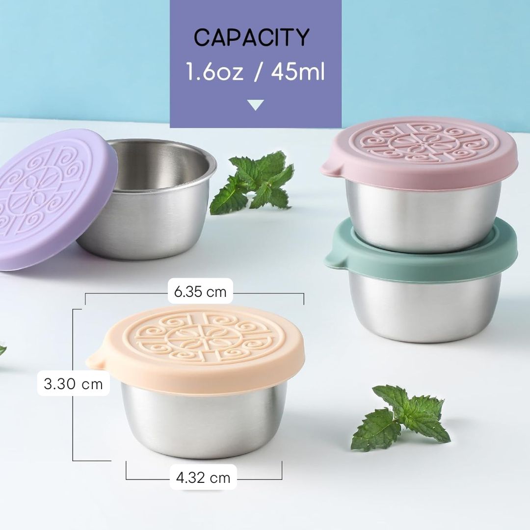 Secure leak-proof stainless steel sauce cups for meal prep, keeping condiments fresh & tidy.