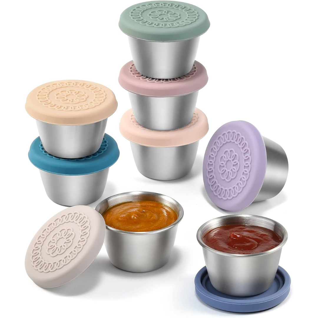 Set of 6 leak-proof stainless steel sauce cups for meal prep, food storage & portion control.