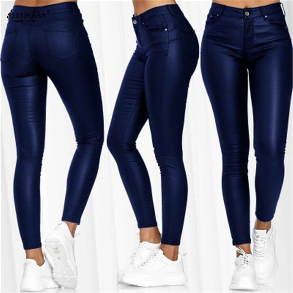 Women's high waist faux leather stretch pants, skinny & warm, essential for winter fashion.