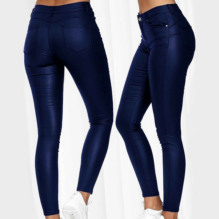Flattering high waist stretch trousers with pockets, women's slim fit for versatile everyday style.