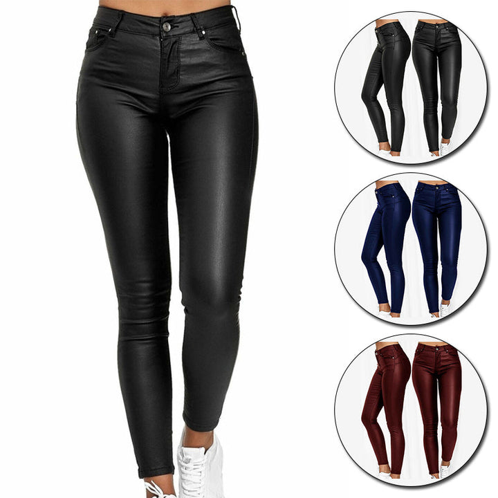 Comfortable women's high waist stretch leather-look pants, perfect for fall & winter fashion.