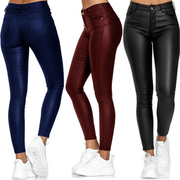 Women's high waist faux leather stretch trousers, sculpting slim fit for versatile everyday wear.