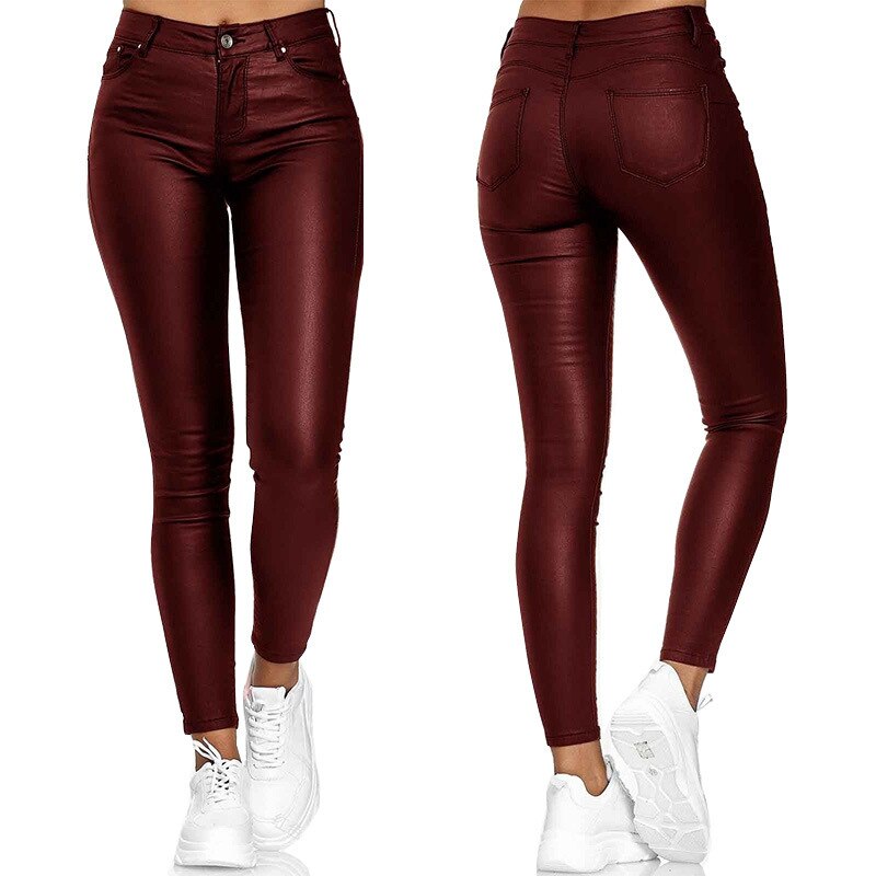 Stylish women's high waist faux leather pants, skinny fit, ideal for winter style & comfort.