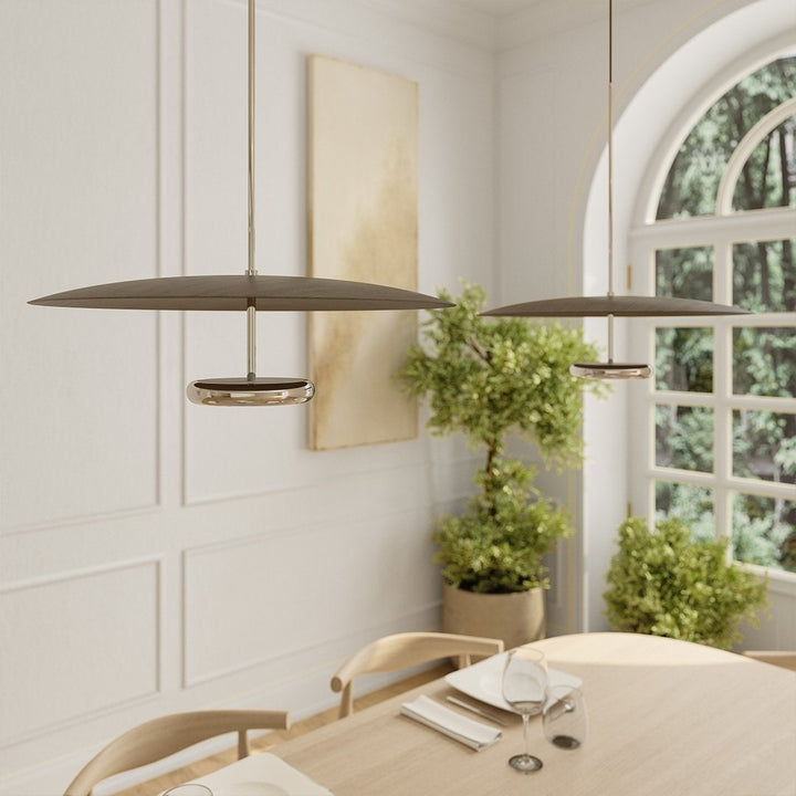 Contemporary walnut finish LED hanging light, perfect for stylish indirect room lighting.