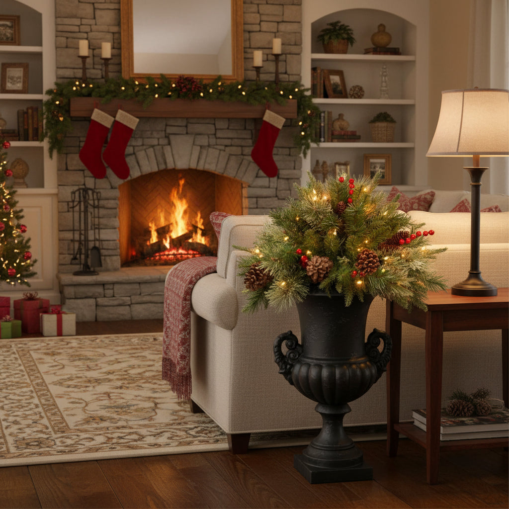 Pre-lit LED evergreen urn filler, perfect for festive outdoor holiday decor or indoor seasonal entryway displays.