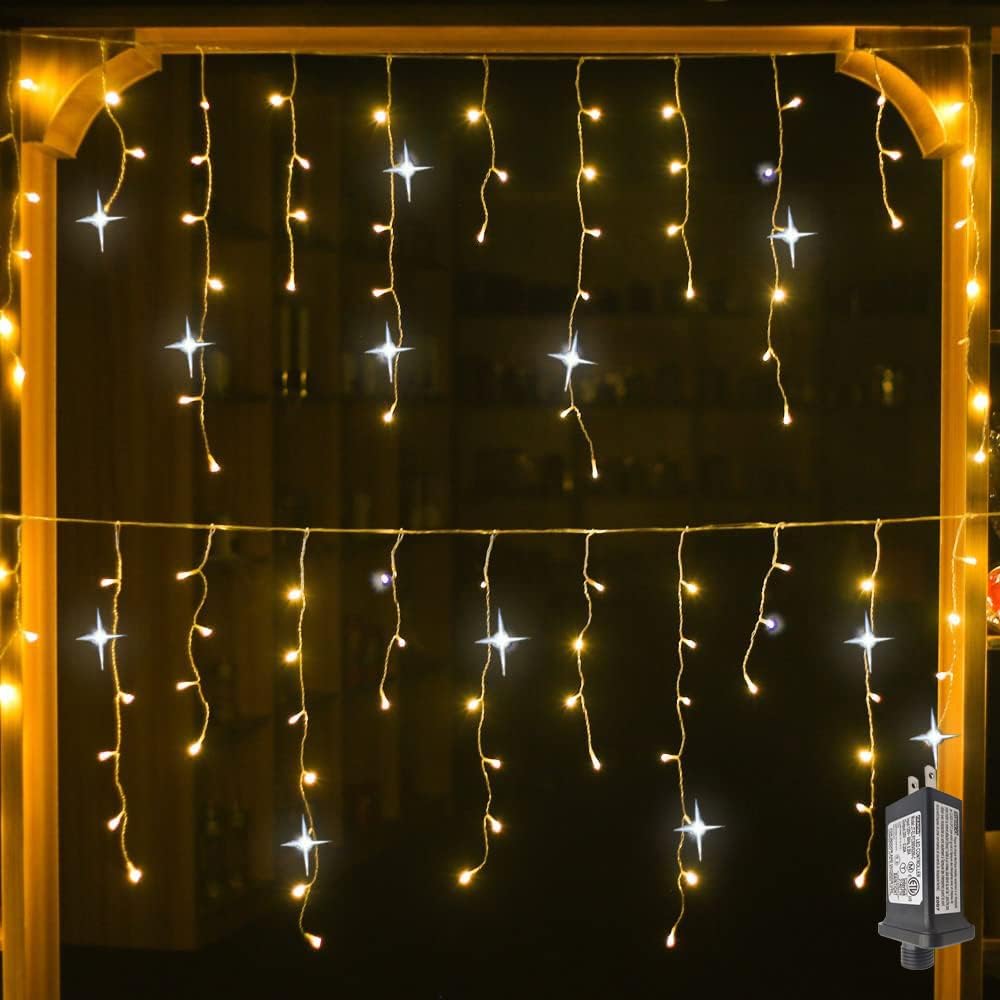 Elegant warm white LED light curtain, waterproof string lights for enchanting outdoor decor, garden ambiance & festive events.