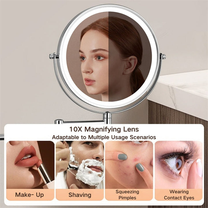 Dimmable LED lighted vanity mirror, wall mounted, offering 10x magnification for perfect makeup application.