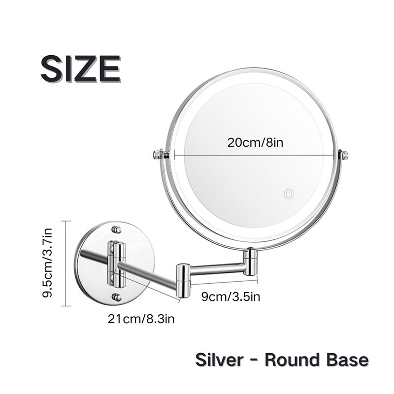 Grooming mirror: unisex LED lighted, wall mounted, 10x magnification for close-up shaving & makeup.