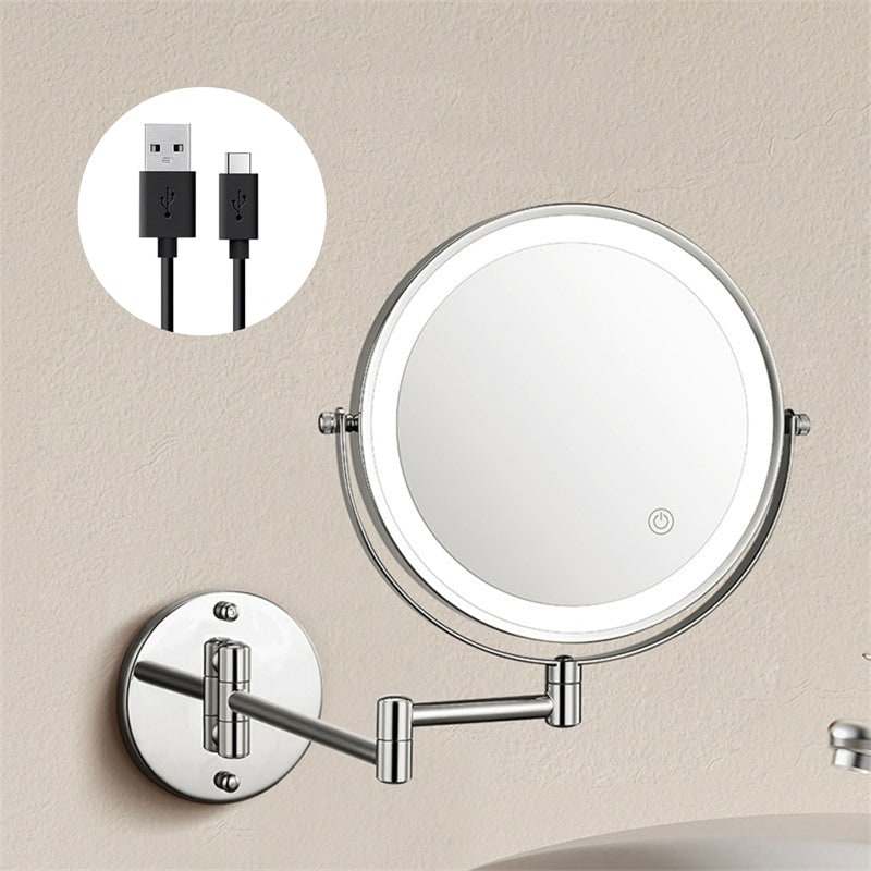 Full view of modern wall mount LED lighted makeup mirror with 10x magnification, enhancing any vanity.