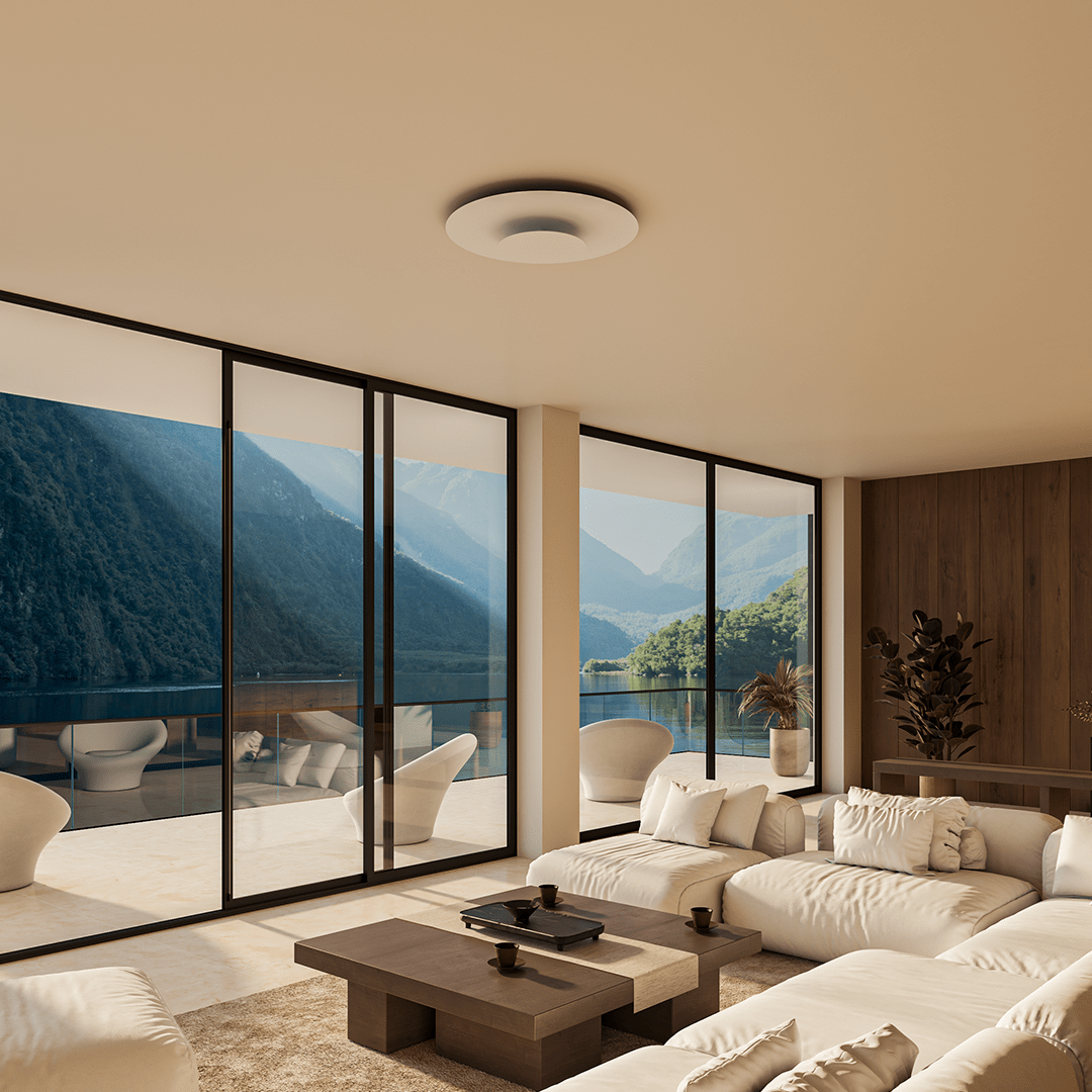 Round modern LED flush mount ceiling light, providing ambient and energy-efficient indoor lighting.