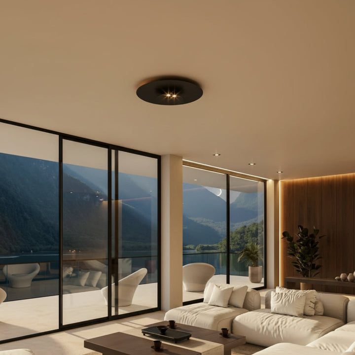 Sleek black LED flush mount ceiling light, perfect for modern indoor lighting and decor.