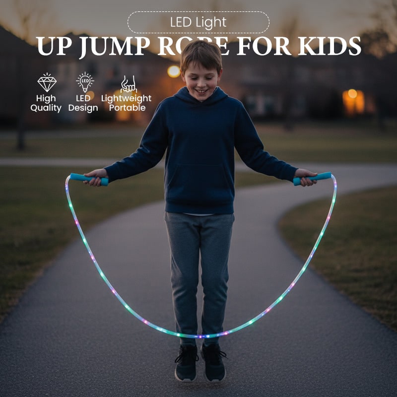 Vibrant LED light-up jump rope for kids, adjustable for height, encouraging healthy outdoor play and fitness.