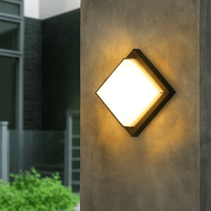 Waterproof LED porch light, modern design, includes motion sensor for automatic outdoor lighting.