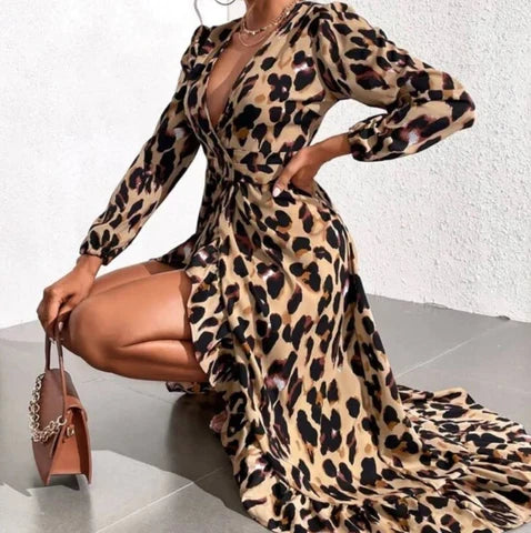 Graceful women's leopard print V-neck midi dress, long sleeve, designed for modern elegance.