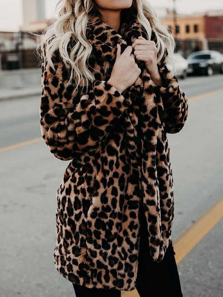 Cozy Sofia leopard print winter jacket, a fashionable animal print coat for women's trendy style.